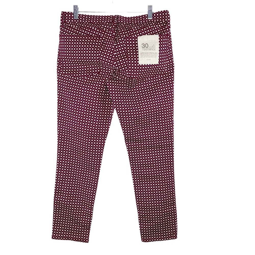 J Crew Factory Ankle Toothpick Patterned Print‎ Jean Size 30 Burgundy New